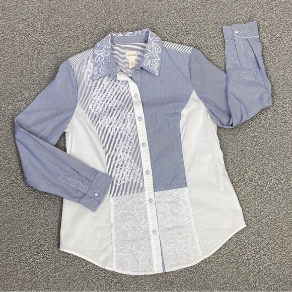 Chicos Embroidered Mixed Stripe Button Front Shirt Blue White Small - Picture 14 of 14